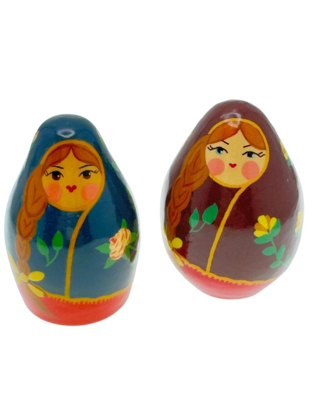 Hand-Painted Wooden Doll Vintage Floral Design 2" Tall Pair of 2
